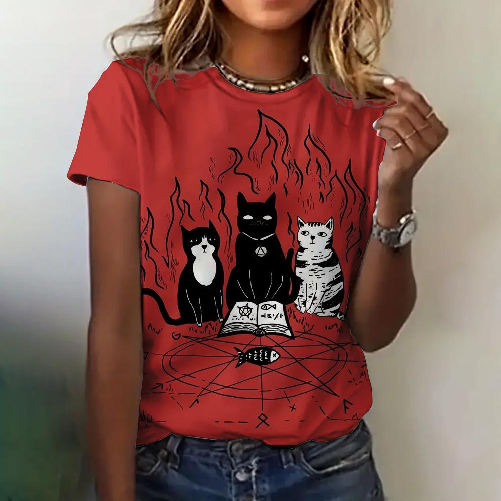 Женская футболка, летняя, с круглым вырезом, коротким рукавом, с рисунком кошки, топ, костюм на Хэллоуин, модная, свободная, с коротким рукавом, женская футболка 2024