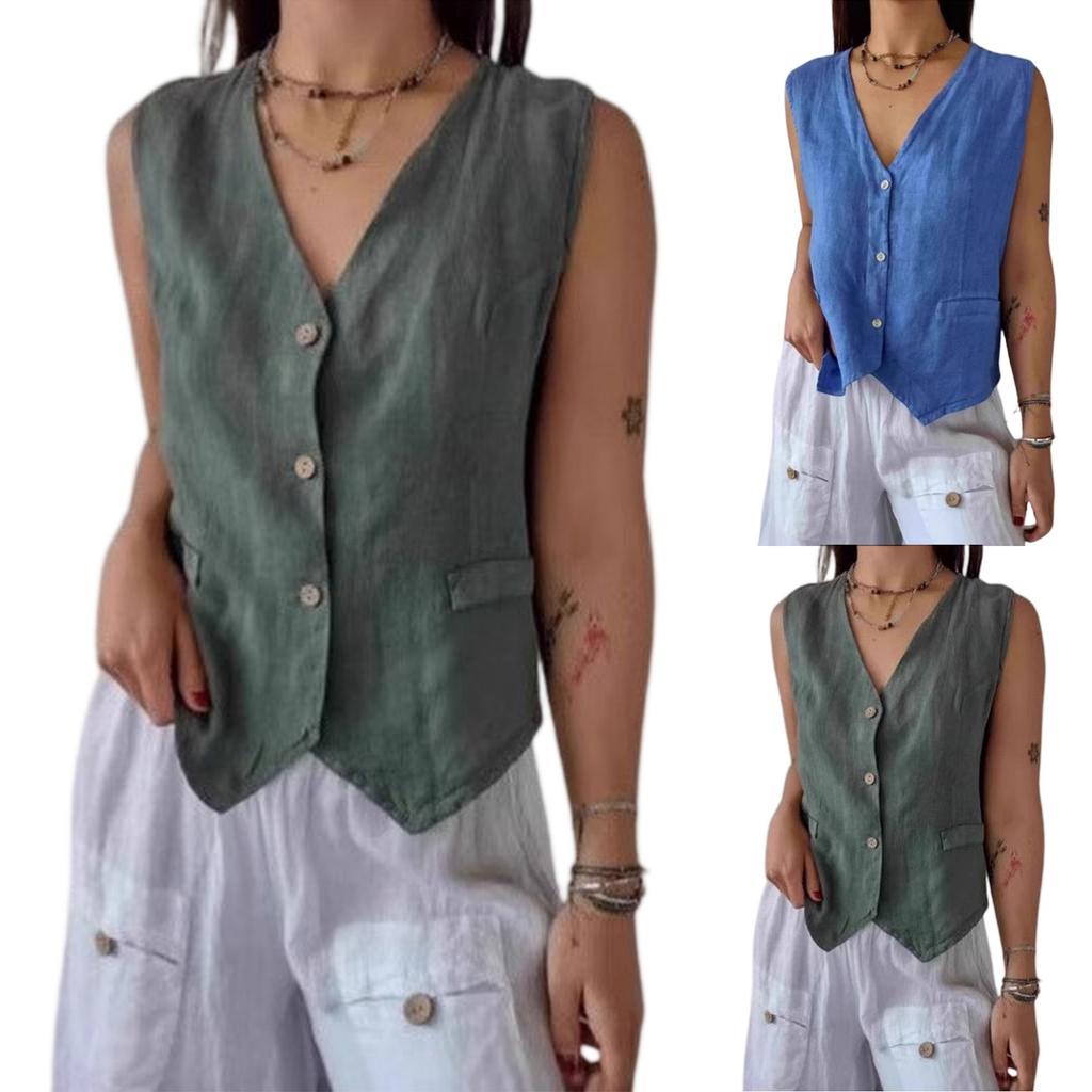 Ladies' Casual Solid-color Button-down Cotton And Linen Vest Sleeveless Cardigan