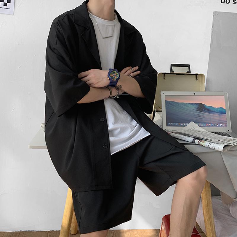 M-5XL большой корейский стиль для мальчиков и мужчин комплект костюма рубашки + шорты ДВА фото однотонная тонкая уличная одежда с карманами для подростков длиной до колен летняя одежда костюмы для мужчин