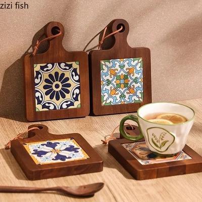 Керамическая плитка из акации, термостойкий коврик для посуды с ручкой, коврик для кастрюль, мисок и тарелок, коврики для чашек, бытовые кухонные принадлежности