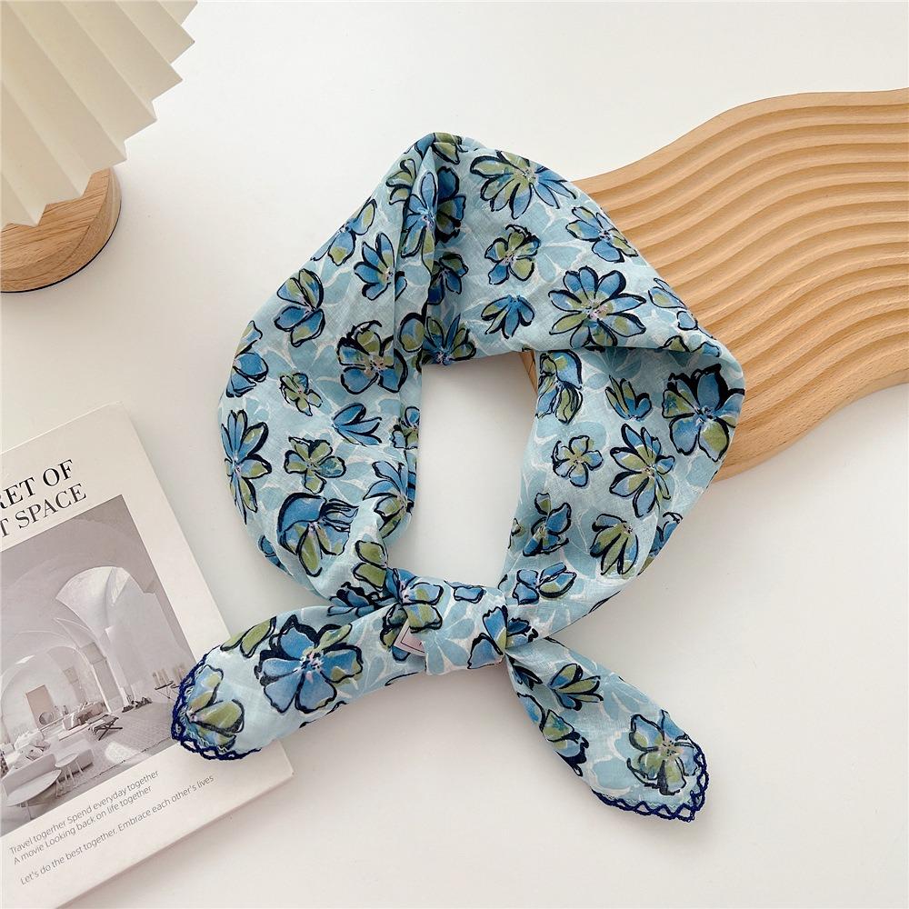Flower Pattern Hair Scarf Double Sides Head Handkerchief Trendy Silk Scarf Spring Summer Fall