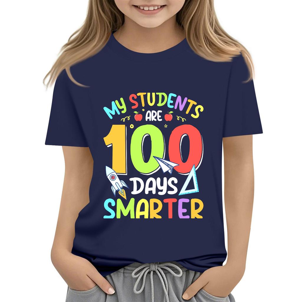 Kids Fashion Casual Short Sleeve 100 Day School Anniversary Printed Round Neck T-Shirt Top