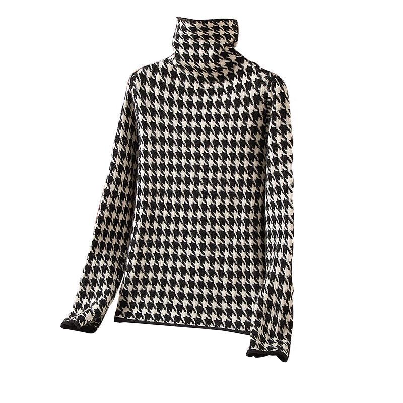 Women's Houndstooth Slim-fit Turtleneck Knit Top