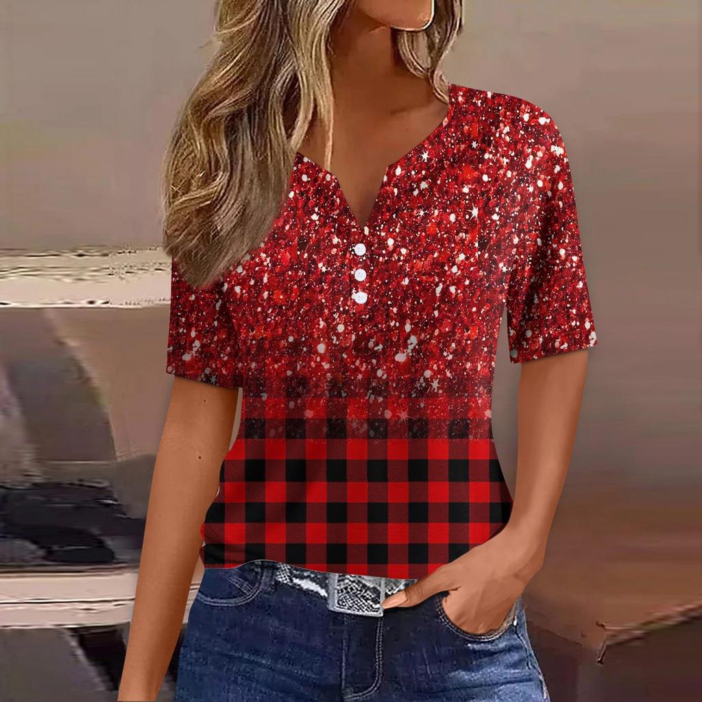 Жен. Футболка Футболка С принтом Пуговицы С короткими рукавами Повседневные Выходные Мода Классический V-образный вырез Обычный Верх