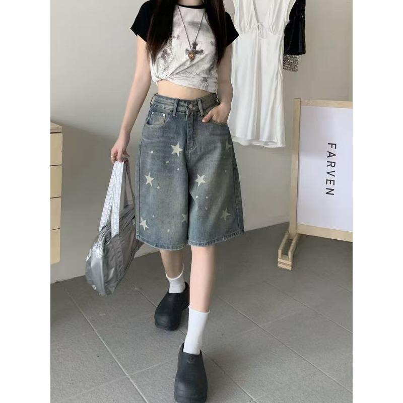 High Waist Loose Wide Leg Star Print Denim Five Point Shorts