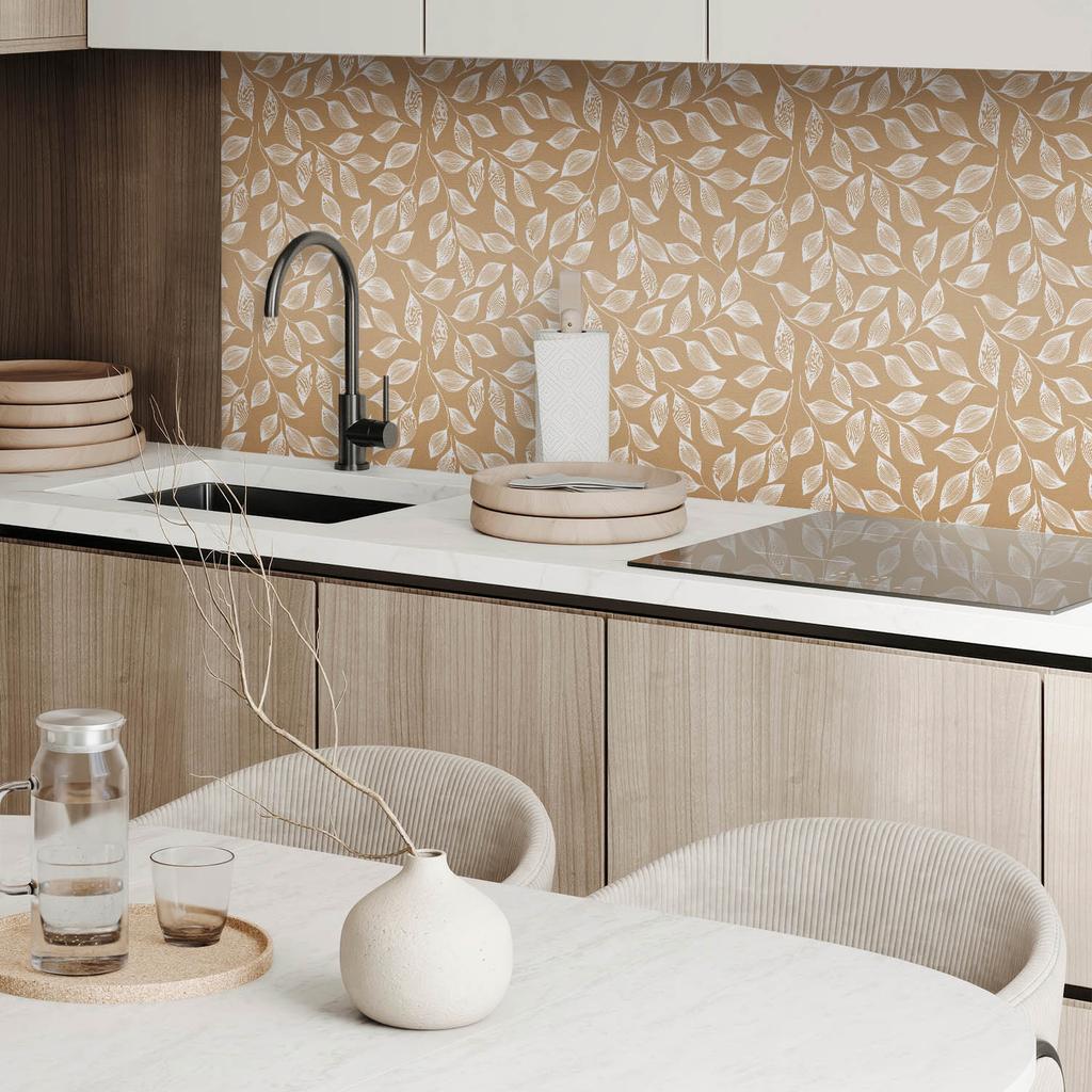 Pack of Ready-to-install Vinyl Tiles with Printed Leaves on Textured Background 9x30x30 cm
