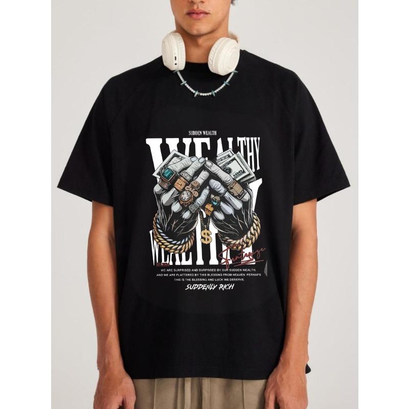 Black T Shirt With Wealth Hands Money Stack Print And Sudden Wealth Text For Streetwear Fashion Casual Wear