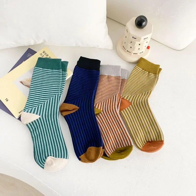 Multicolors Striped Woman Socks Korean Fashion Retro Socks Women Casual Harajuku Cotton Girls Students Crew Socks College Styles