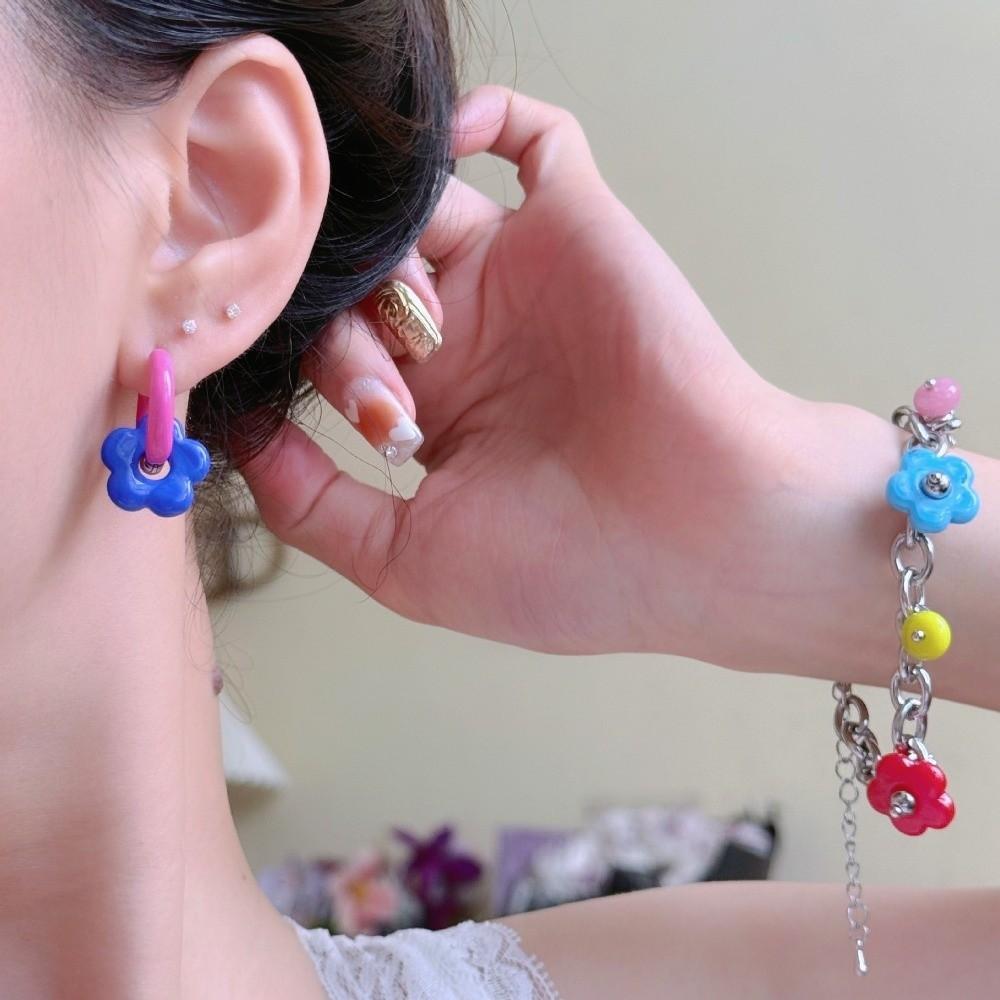 1pair Dopamine Flower Earrings Resin Acrylic Hoop Earrings New Ear Clasp Gift