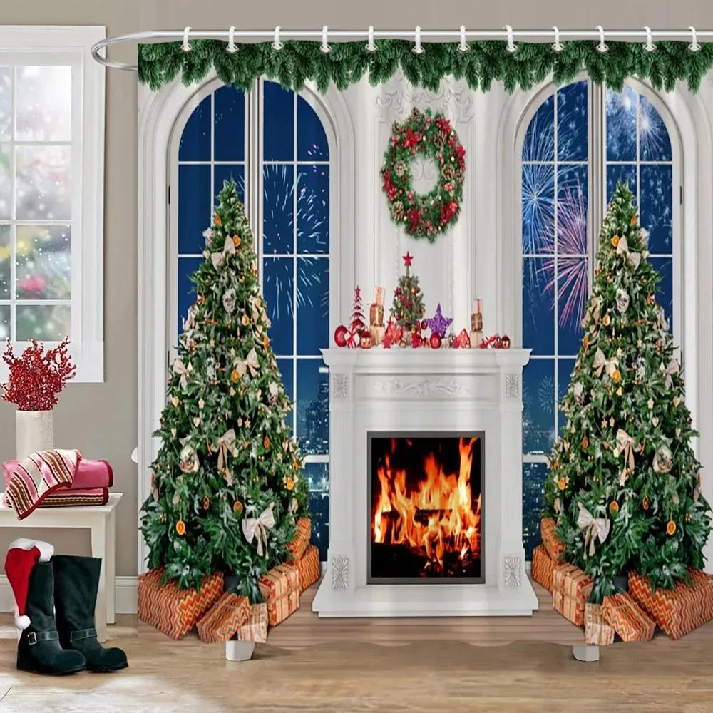Рождественская вечеринка Занавески для душа Камин Рождественская елка и подарки Снеговик Снежная сцена Моющаяся занавеска для душа Арт Декор для ванной