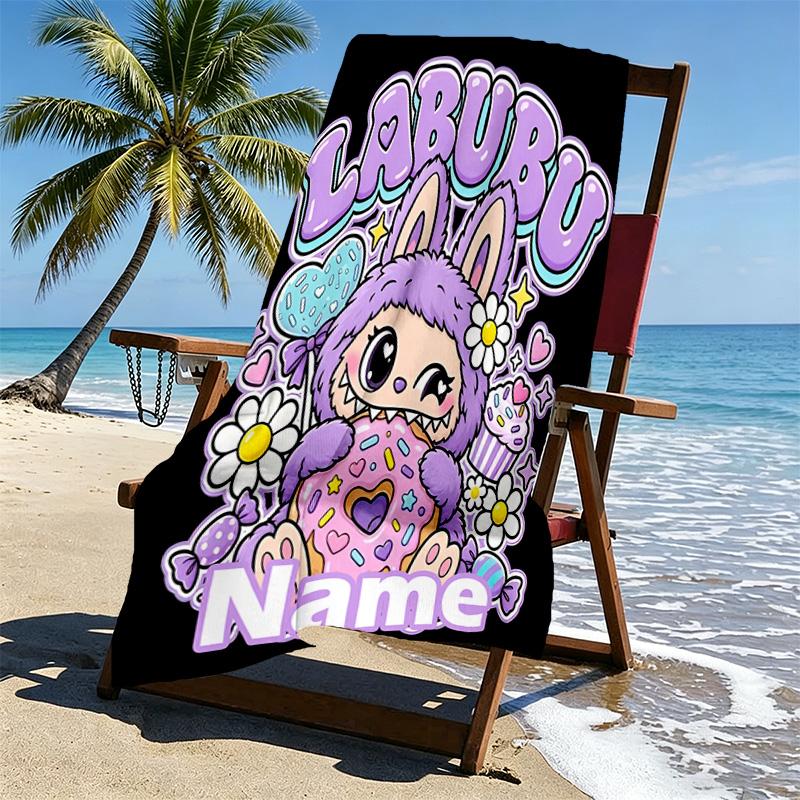 Custom Name Personalized Labubu Print Beach Towel, for Trip Camping Beach Party Home Decor, Birthday Gift for Family & Friends