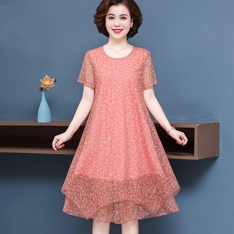 Летнее платье больших размеров, женская дышащая юбка с коротким рукавом для мамы, женская юбка среднего возраста