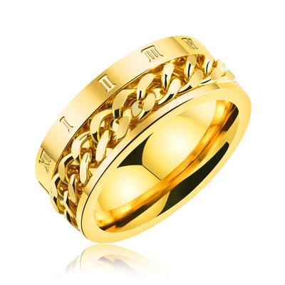 Кольцо Rockyu Brand Gold из нержавеющей стали с вращающейся гравировкой и римскими вращающимися размерами, азиатское этническое кольцо, мужское кольцо, стильное, гипоаллергенное, цепочка,