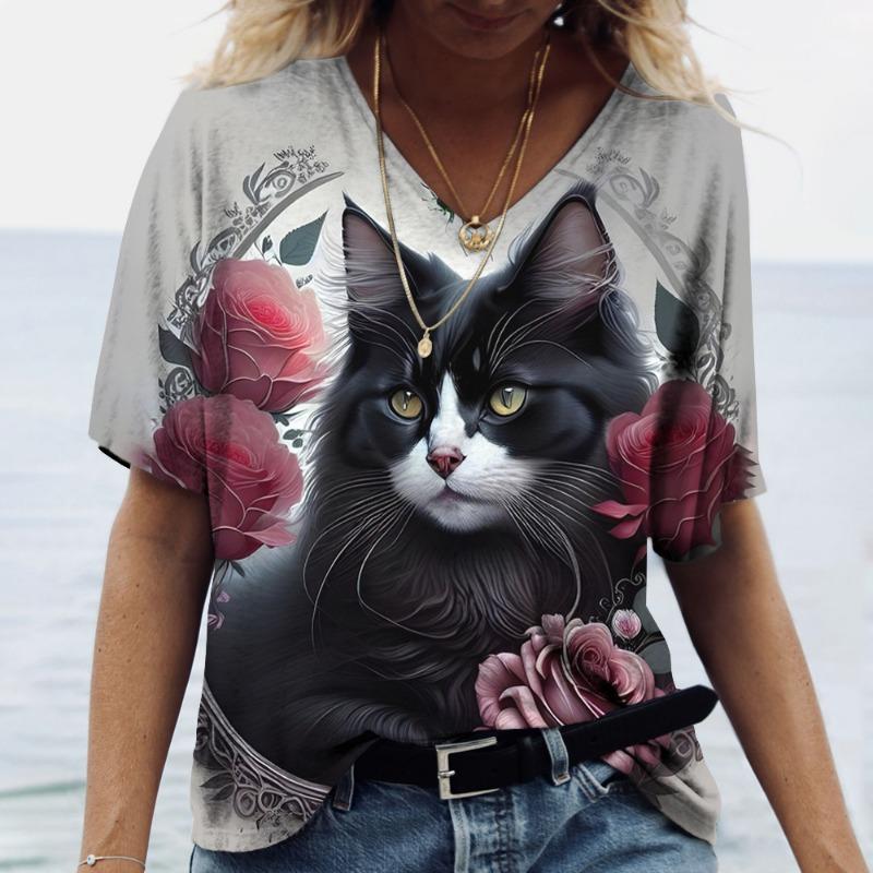 Женская футболка Kawaii Cat Print 3D футболка Топ для девочек Y2k Одежда Летние футболки с короткими рукавами с v-образным вырезом Повседневная праздничная женская футболка