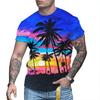 Summer Round Neck 3D Sunset Coconut Tree Vacation Style Print Top Fashionable Casual Short Sleeved Men's T-shirts