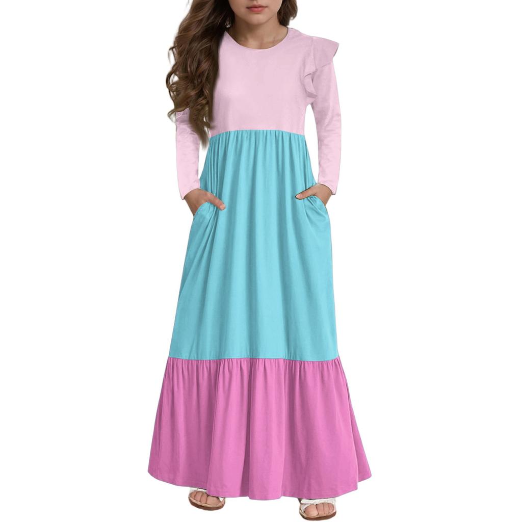 Girls' Tiered Ruffle Dress - Long Sleeve Printed Maxi With Pockets