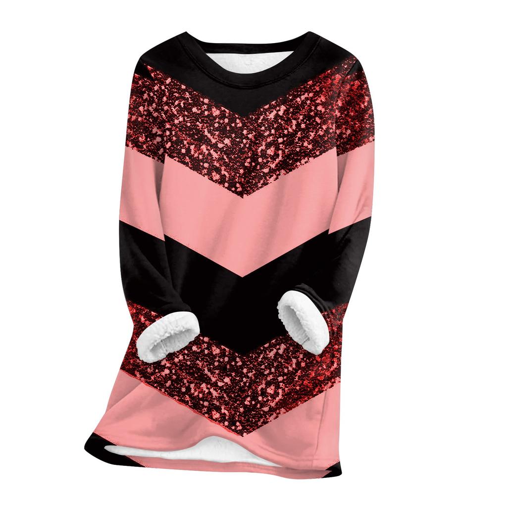 Женский топ с круглым вырезом, с принтом, утолщенный плюшевый кашемировый теплый длинный топ с длинными рукавами