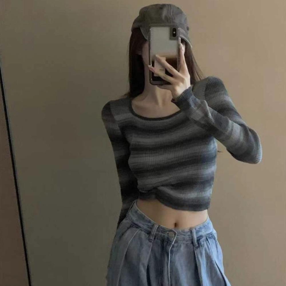 Новый осенний ретро вязаный свитер с квадратным вырезом и радужными полосками, женский базовый свитер с длинным рукавом, облегающий короткий топ