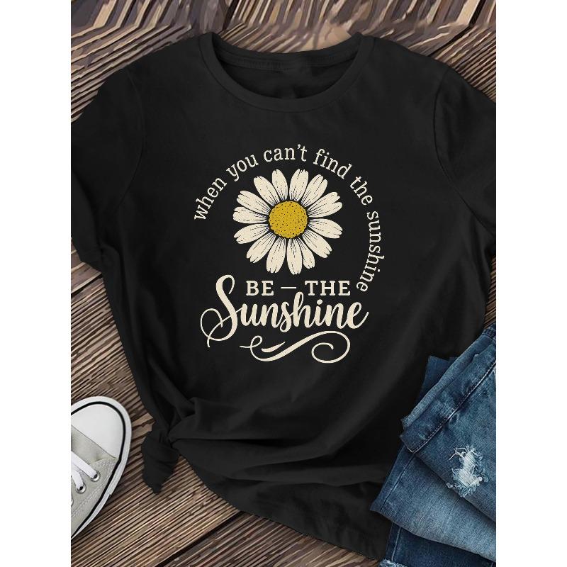 Sunshine Printed T-Shirts, Patterned Printed Round-Neck T-Shirts, Round-Neck Short-Sleeved T-Shirts, Round-Neck Tops, Casual Short-Sleeved T-Shirts