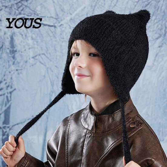 Модная повседневная головная убор, милая вязаная шапка для детей с ушками кошки, мягкая теплая термошапка с дышащим полиэстеровым козырьком для мальчиков и девочек, зимняя шапка с ушками.