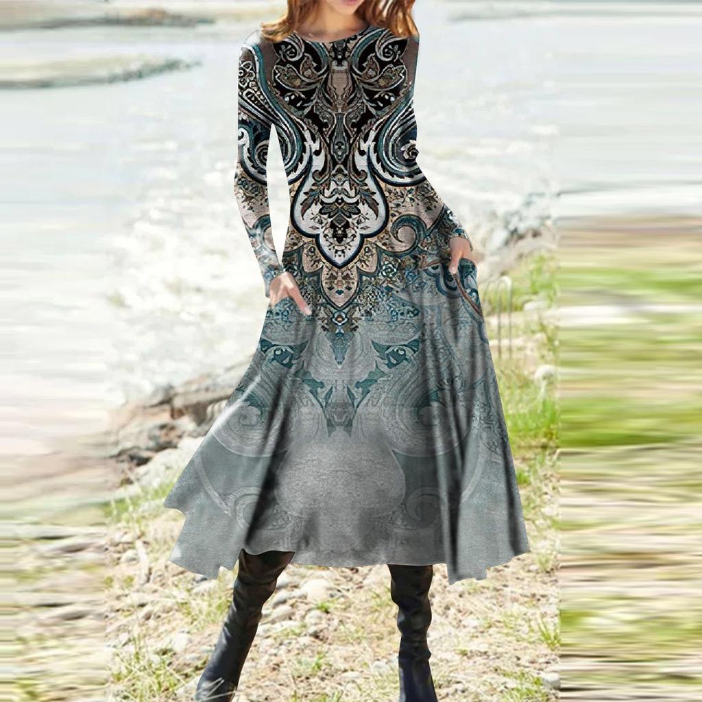 Women's Fashion Casual Printed Round Neck Pullover Slim Fitting Long Sleeve Dress