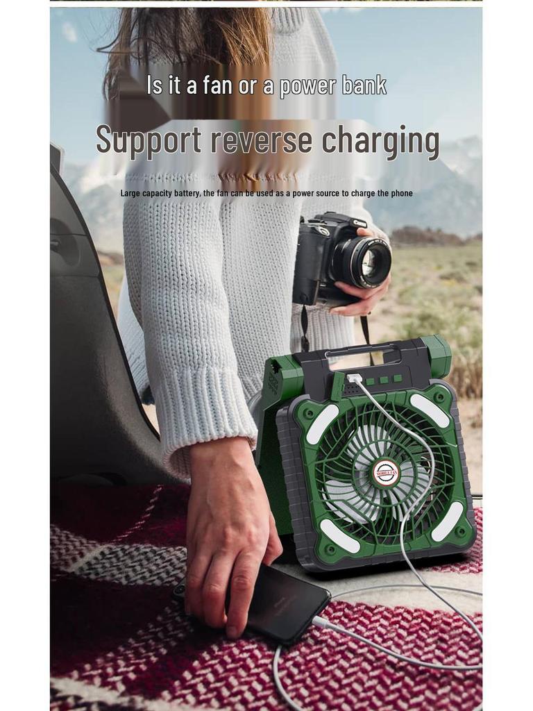 Solar-Powered Portable Camping Fan with USB Charging and LED Light