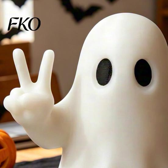 Whimsical Halloween Ghost Statue Figurine with Peace Sign, Spooky White Modern Table Decor Statue, Cute Tabletop Ornament for Shelf, Party Gift