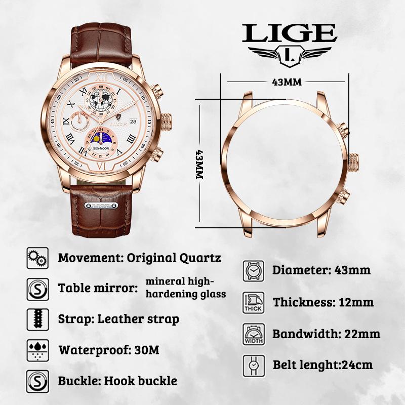 LIGE Модные мужские часы, роскошные деловые часы для отдыха, кварцевые часы с кожаным ремешком, светящийся водостойкий автоматический код даты и времени