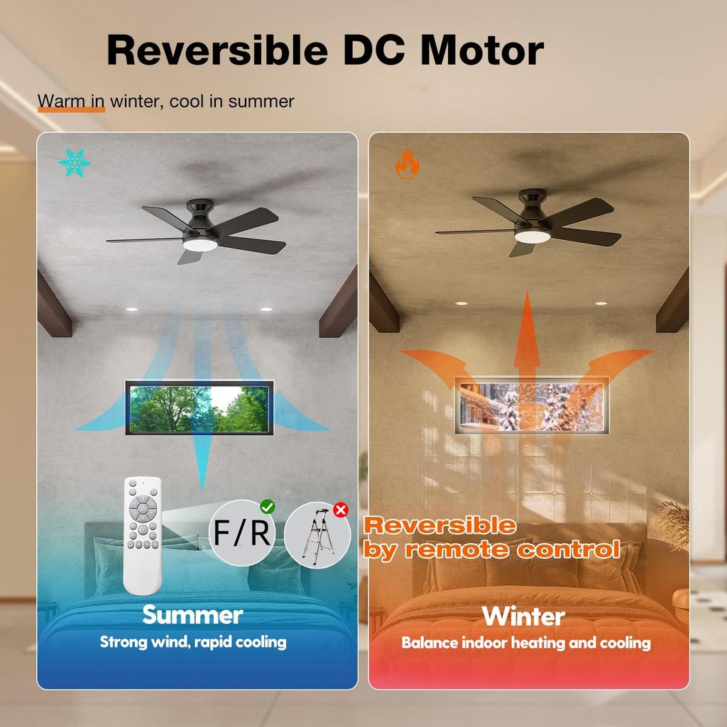 Современный потолочный светильник-вентилятор 52" 5 лопастей Бесшумный потолочный вентилятор Светодиодный светильник 6 скоростей DC Реверсивный вентилятор Черный/Дерево Встроенный монтаж