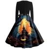Women's Casual Vintage Halloween Dress Long Sleeve Square Neck Fit and Flare Midi Dress with Printed Skirt and Waist Tie