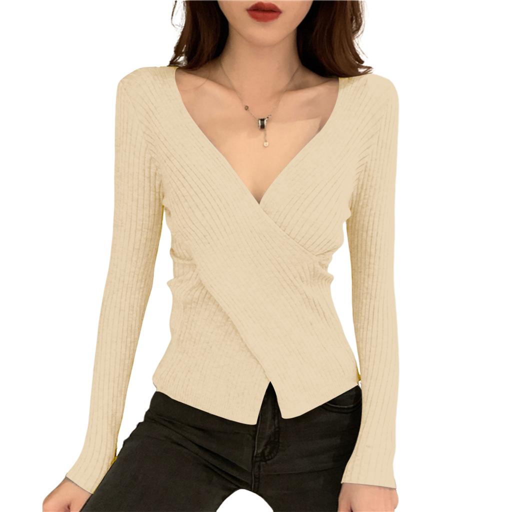 Women's V-neck Sweater Bottoming Shirt With Long Sleeves Cross-fitting Knitted Tights
