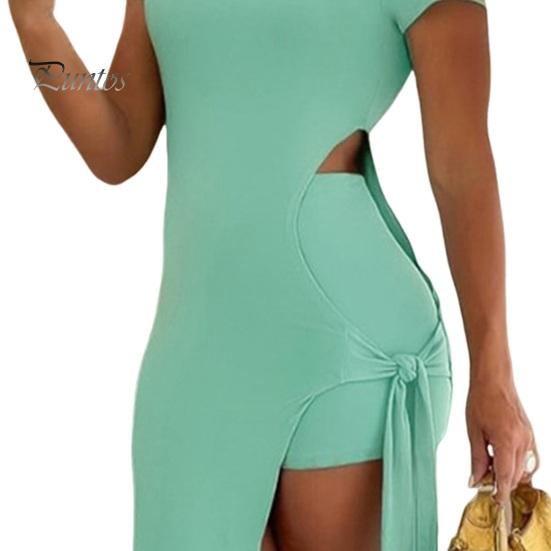 Женское сексуальное платье макси, комплект с коротким рукавом, круглым вырезом, боковым разрезом, облегающее платье с коротким летним костюмом для вечеринок, повседневных клубов