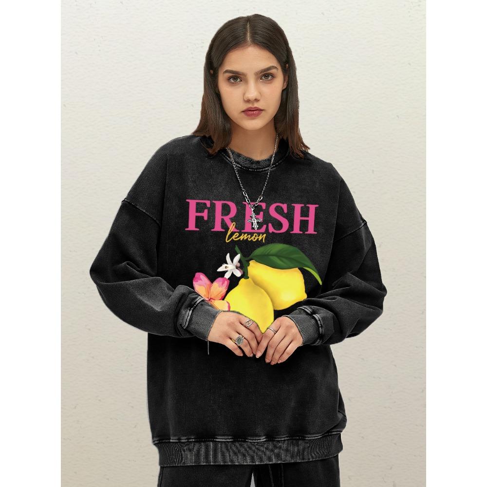 Женский свитшот с принтом цветов и свежих лимонов, выстиранный, свободный, удобный пуловер с круглым вырезом, модная хлопковая спортивная одежда