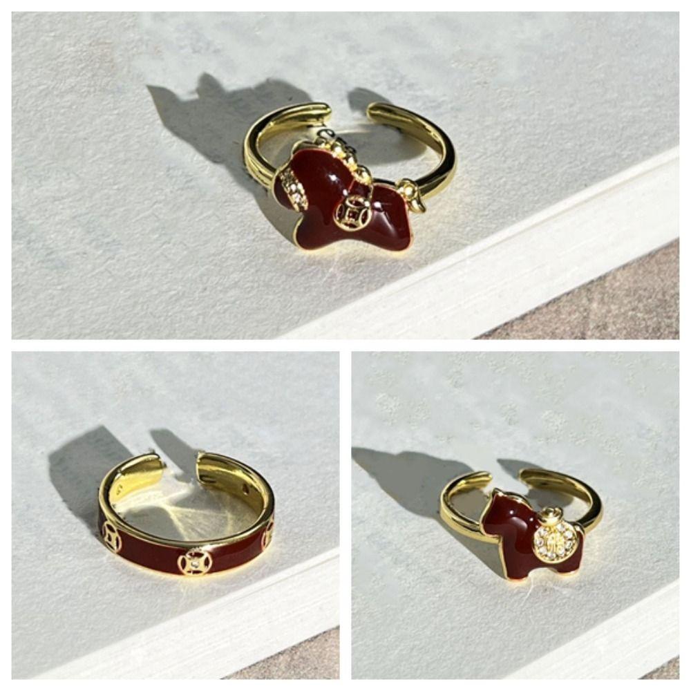 Cartoon Zodiac Horse Ring Adjustable Opening Ring Stackable New Year Drip Oil Ring Decoration