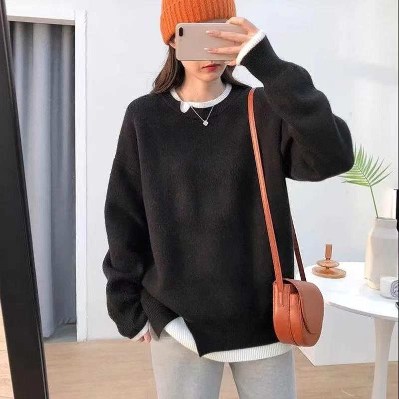 Женский повседневный теплый мягкий вязаный свитер с круглым вырезом на осень-зиму с длинными рукавами, свободные пуловеры, поддельные две части