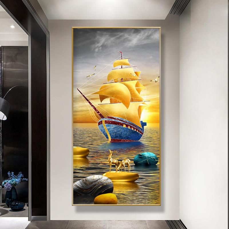 Золотая лодка корабль холст картина Lucky Stone Zen плакаты пейзаж настенные художественные картины для гостиной крыльцо Декор