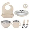 Kids Stainless Steel Silicone Cutlery Set 6 Pieces Including Plate Bowl Spoon Fork Cup and Bib