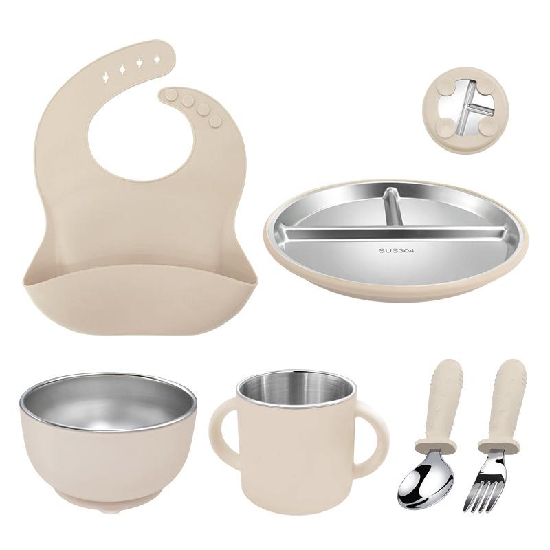 Kids Stainless Steel Silicone Cutlery Set 6 Pieces Including Plate Bowl Spoon Fork Cup and Bib