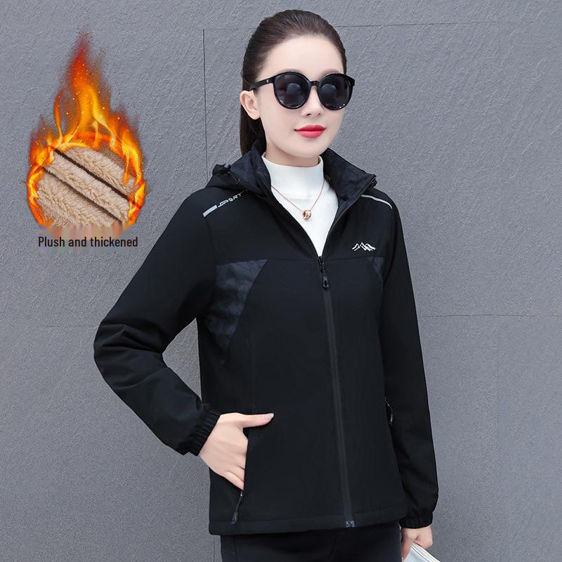 Женская ветрозащитная и водонепроницаемая куртка с капюшоном на бархатной подкладке для осени и зимы