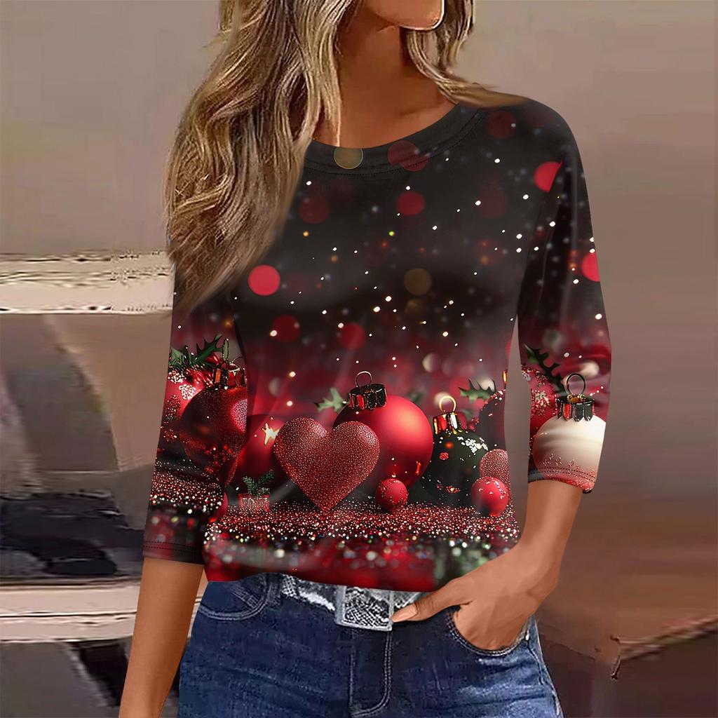 Women's T Shirt Christmas Print 3/4 Sleeve Daily Weekend Fashion Basic Round Neck Regular Top