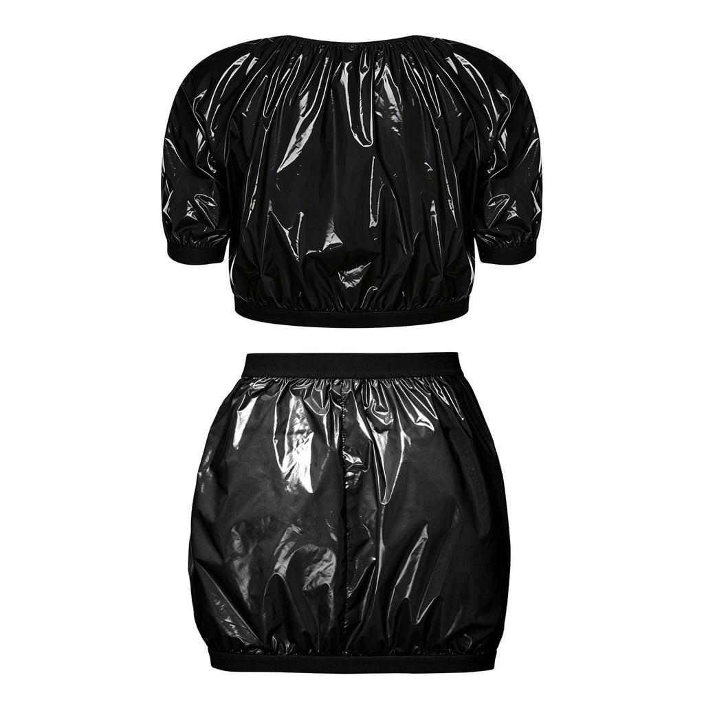 Women Waterproof Glossy Vinyl Short Sleeve Crop Top Plastic Miniskirt Swimwear Cover Up Special Needs Clothing