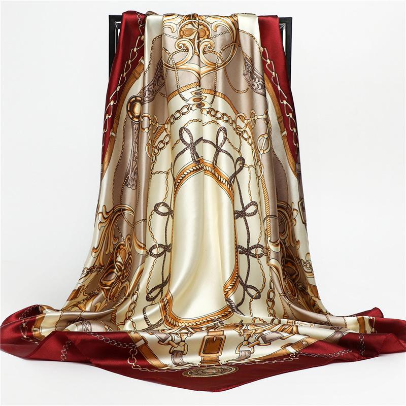 Satin Silk Chain Pattern Scarf: Stylish 90cm Color-Matching Shawl & Sunscreen Headscarf