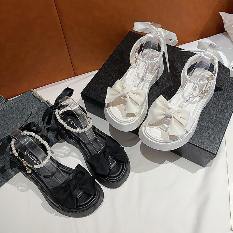 Женские туфли на платформе с жемчугом в римском стиле с бантом, новые летние модные босоножки с открытым носком 2024 года