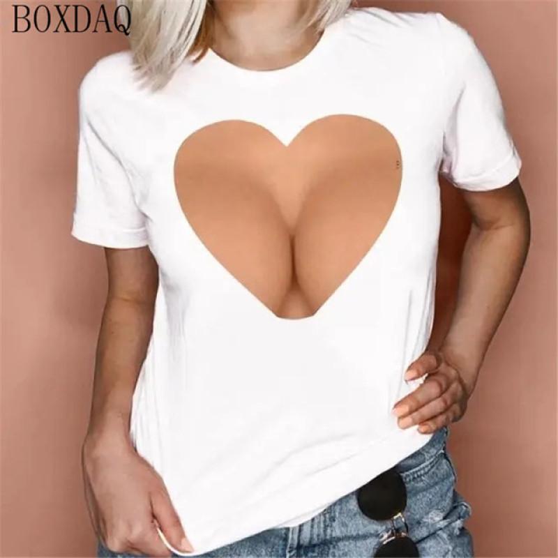 Женские летние крутые футболки, сексуальная перспектива, 3D-сиськи с принтом, женская футболка с короткими рукавами, летние уличные топы с круглым вырезом и узором груди