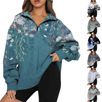 Женские повседневные модные толстовки с цветочным принтом и длинным рукавом на молнии с заниженными плечами, уличные толстовки большого размера