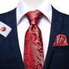 Hi-Tie Fashion Mens Wine-Red Paisley Necktie Hanky Cufflinks for Business Wedding