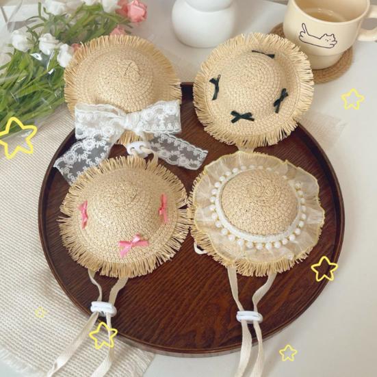 Mini Pet Straw Hat with Lace Adjustable Sun Protection Straw Hat with Bow Handwoven Outdoor Pet Accessory for Small Cats And Dogs