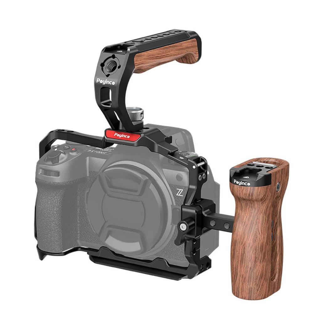 Poyinco JN-134 Camera Cage + Top Handle + Side Wooden Grip Kit Camera Video Cage with Cold Shoe