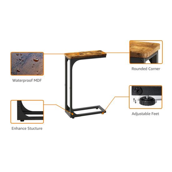 Narrow C-Shaped End Table Slim Couch Side Table Small Space Living Room Bedroom Rustic Slide Under Sofa Bed Skinny Snack TV Tray Table