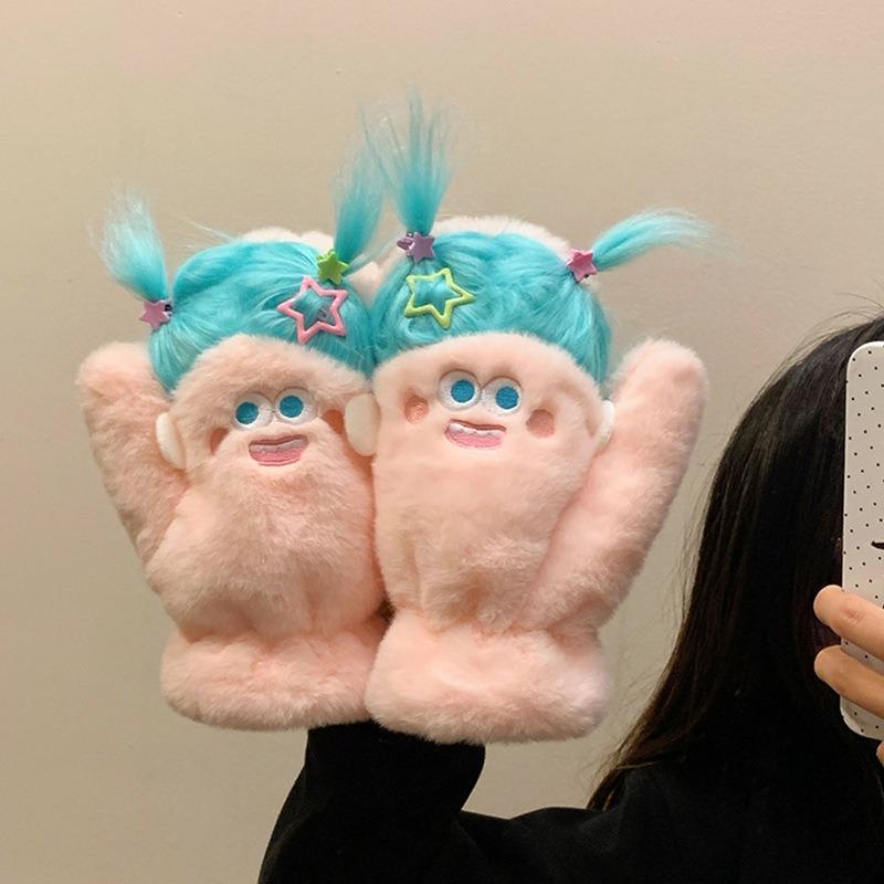 Funny Pigtails Plush Gloves Female Winter Cute Student Neck All-inclusive Finger Plush Warm Riding Cold